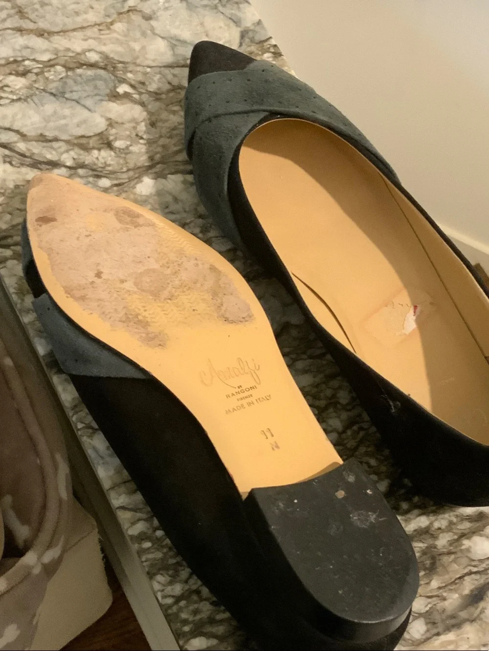 Amalfi Black Pointed-Toe Cross-Strap Flats with Dark Gray Suede
